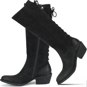 Women Vintage Low Stacked Heel Knee High Western Boots Lace Up Round Toe 1.5"